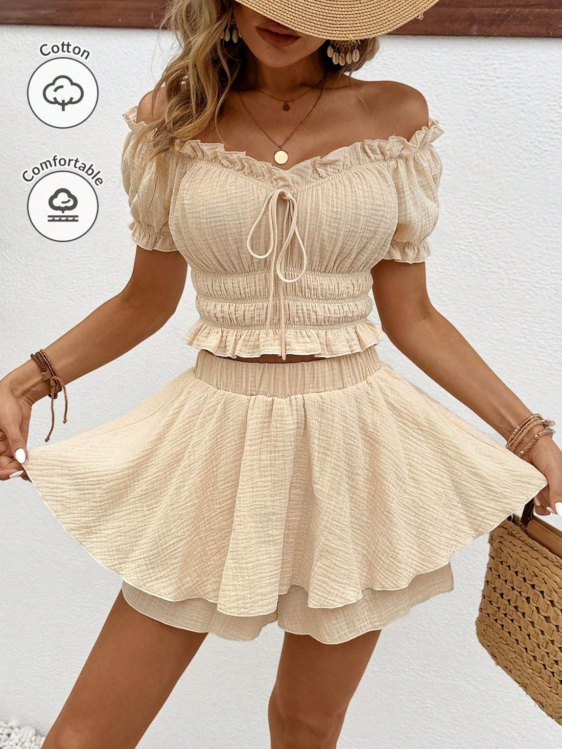 FRENCHY OFF SHOULDER RUFFLE EDGE SHORT TOP AND LAYERED CAKE SHORTS SET MADE OF 100 COTTON FABRIC A LINE SHORT TOP AND SHORTS SUMMER HOLIDAY CASUAL SET SHORT SETS