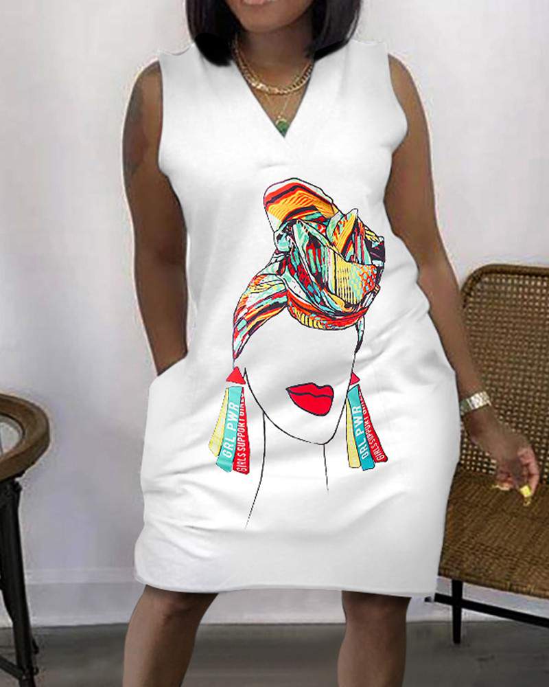 SLEEVELESS POCKET DESIGN VNECK FIGURE PRINT DRESS