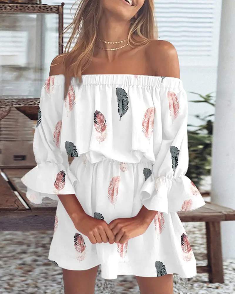FEATHER PRINT OFF SHOULDER BELL SLEEVE CASUAL DRESS