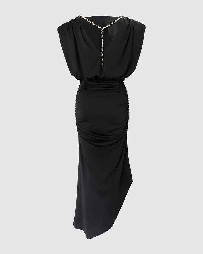 CHAIN DECOR BACKLESS RUCHED HIGH SLIT DRESS