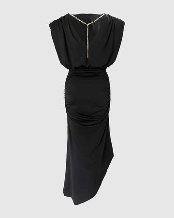 CHAIN DECOR BACKLESS RUCHED HIGH SLIT DRESS