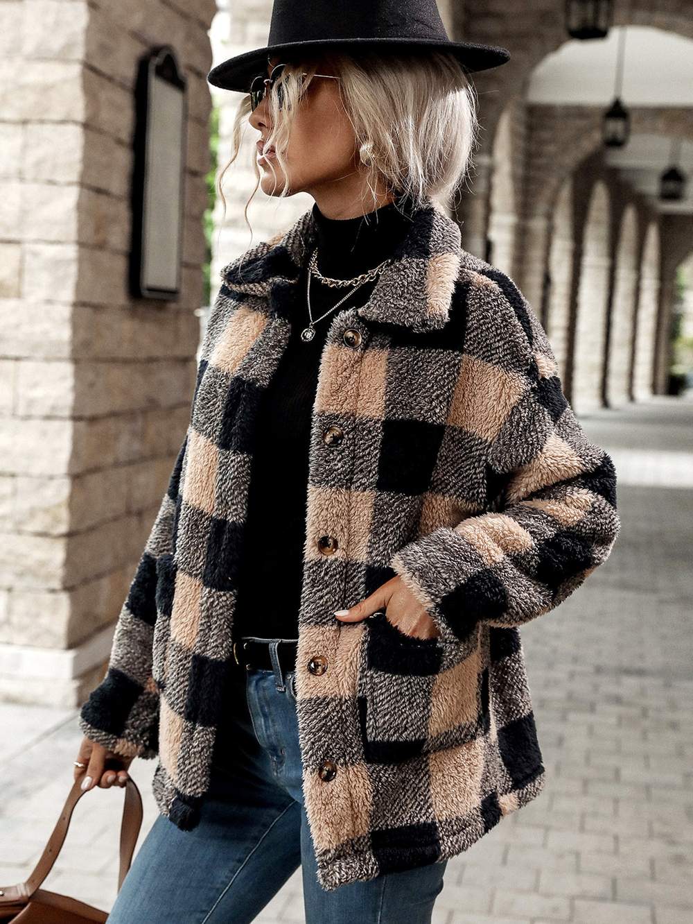 BUFFALO PLAID PATTERN DUAL POCKET DROP SHOULDER FLANNEL COAT