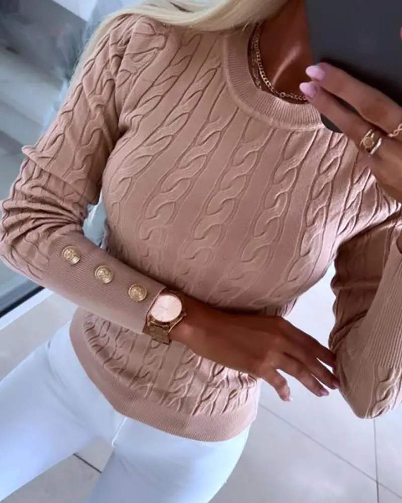 O NECK LONG SLEEVE BUTTONED BRAIDED KNIT SWEATER