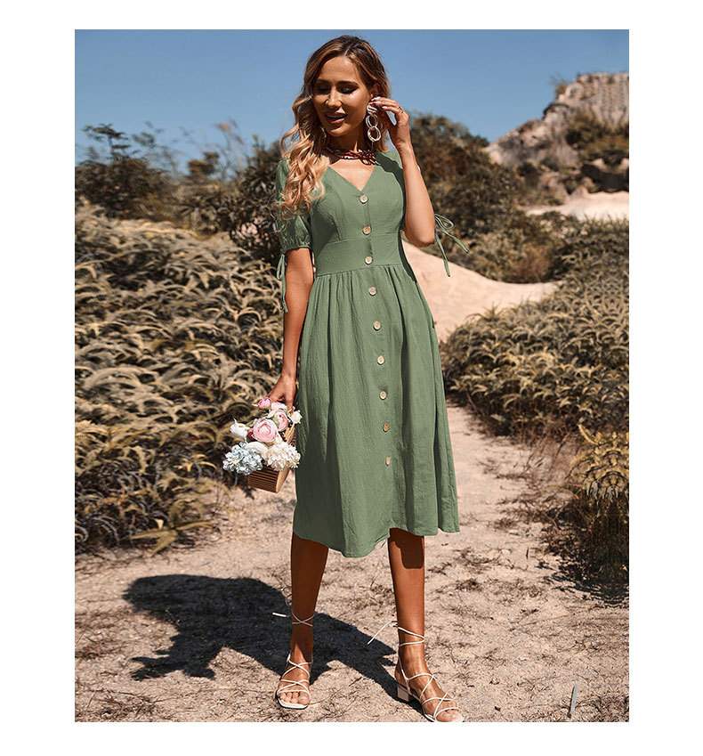 V Neck Button Up Lace Up Short Sleeve High Waisted Midi Dress