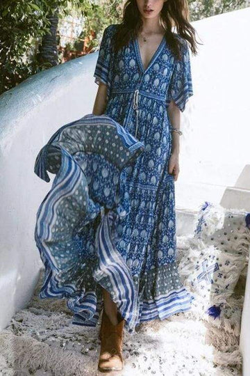 PRINT V NECK SHORT SLEEVE MAXI DRESS