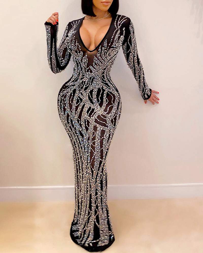 High Slit Studded Sheer Mesh Party Dress