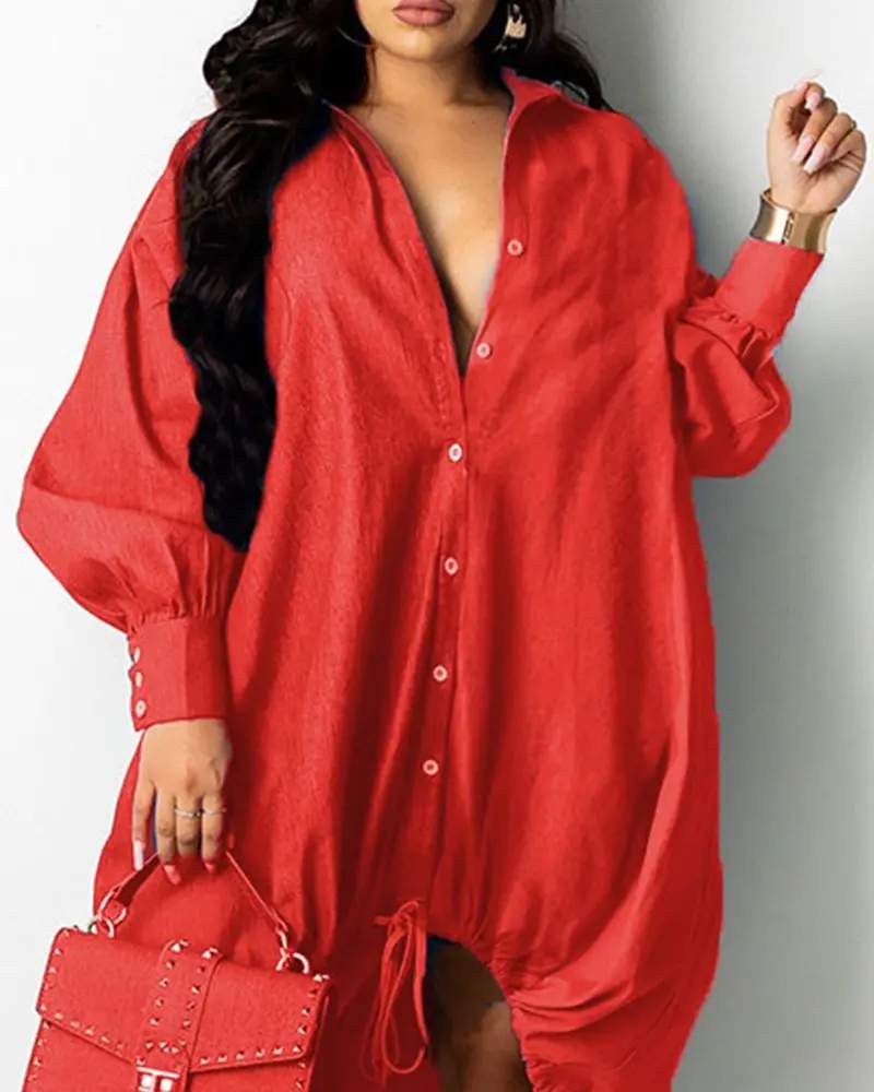 PLUS SIZE LONG SLEEVE DIP HEM BUTTONED SHIRT DRESS
