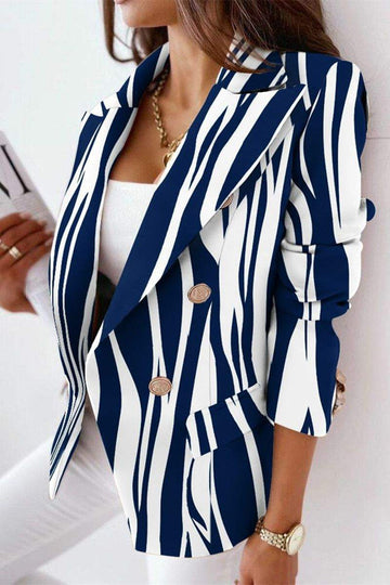 BLUE WHITE FASHION CASUAL PRINT PATCHWORK SLIT TURN BACK COLLAR OUTERWEAR