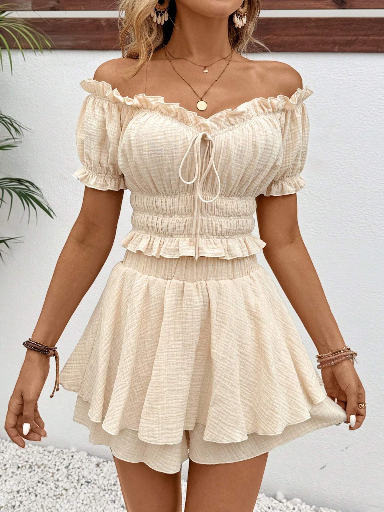 FRENCHY OFF SHOULDER RUFFLE EDGE SHORT TOP AND LAYERED CAKE SHORTS SET MADE OF 100 COTTON FABRIC A LINE SHORT TOP AND SHORTS SUMMER HOLIDAY CASUAL SET SHORT SETS