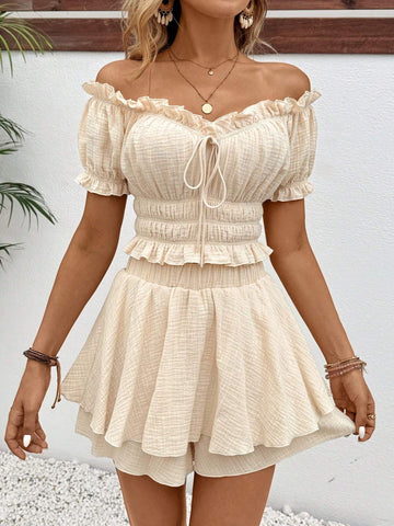 FRENCHY OFF SHOULDER RUFFLE EDGE SHORT TOP AND LAYERED CAKE SHORTS SET MADE OF 100 COTTON FABRIC A LINE SHORT TOP AND SHORTS SUMMER HOLIDAY CASUAL SET SHORT SETS