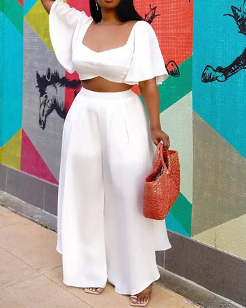 SOLID SHORT SLEEVE LOOSE T SHIRTS WITH WIDE LEG PANT SUIT SETS
