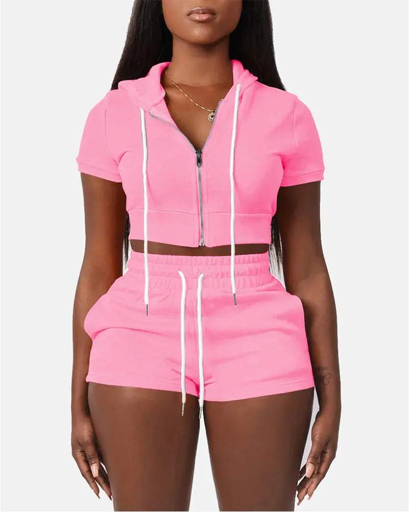 ZIPPER DESIGN HOODED TOP DRAWSTRING SHORTS SET