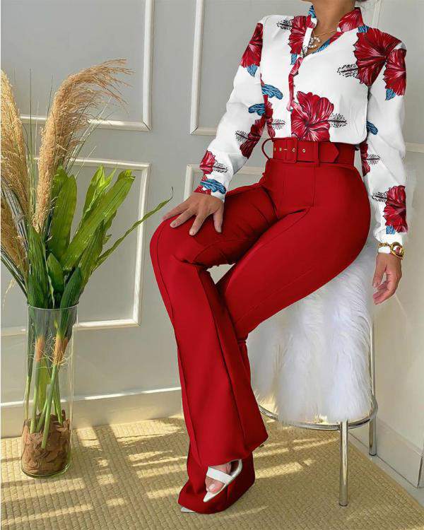 FLORAL PRINT BUTTON DOWN SHIRT BOOTCUT PANTS SET WITH BELT
