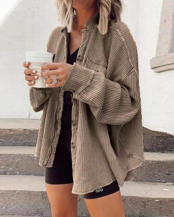 Batwing Sleeve Button Front Waffle Knit  SHACKET