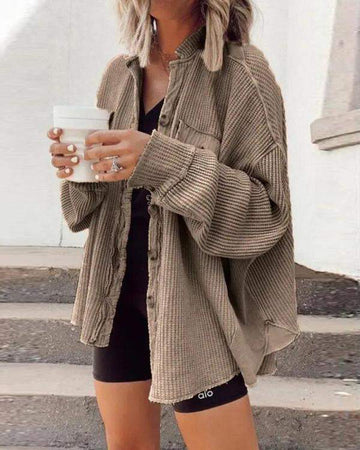Batwing Sleeve Button Front Waffle Knit  SHACKET