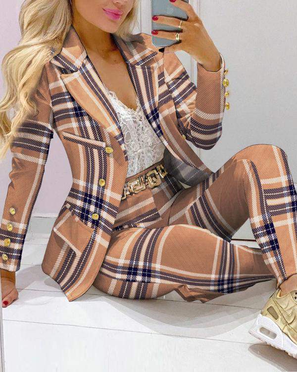 Plaid Print Lapel Collar Double Breasted Blazer Tailored Pants Set