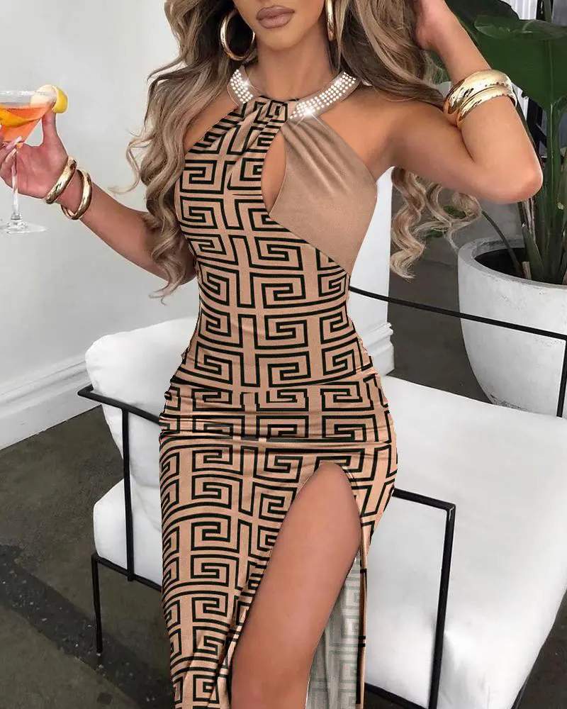GEO PRINT RHINESTONE DECOR HIGH SLIT DRESS