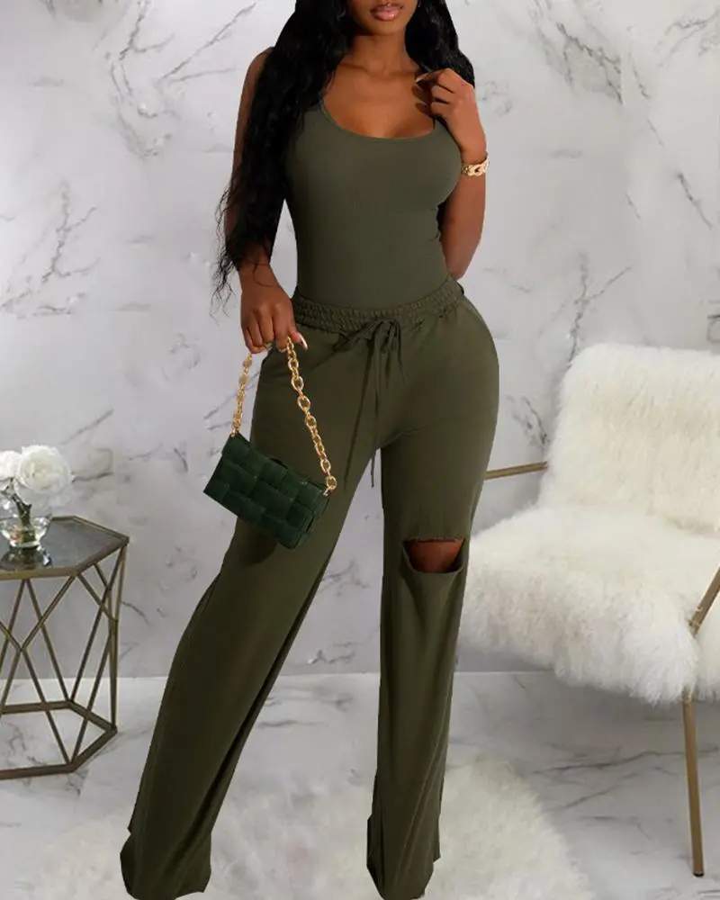 U NECK BODYSUIT DRAWSTRING CUTOUT WIDE LEG PANTS SET