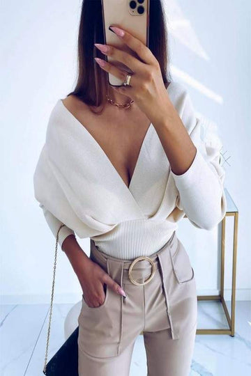 CHAIN DECOR BATWING SLEEVE WRAP SWEATER