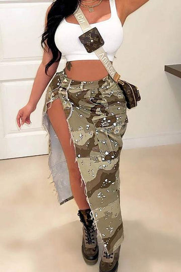 CAMO DESIGN LONG SPLIT SKIRT