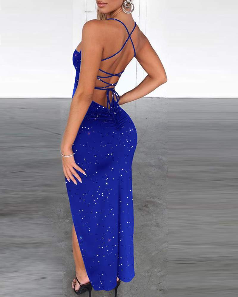 Glitter Criss Cross Backless Slit Party Dress