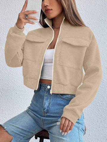 FLAP POCKET ZIP UP DROP SHOULDER CROP SWEATSHIRT