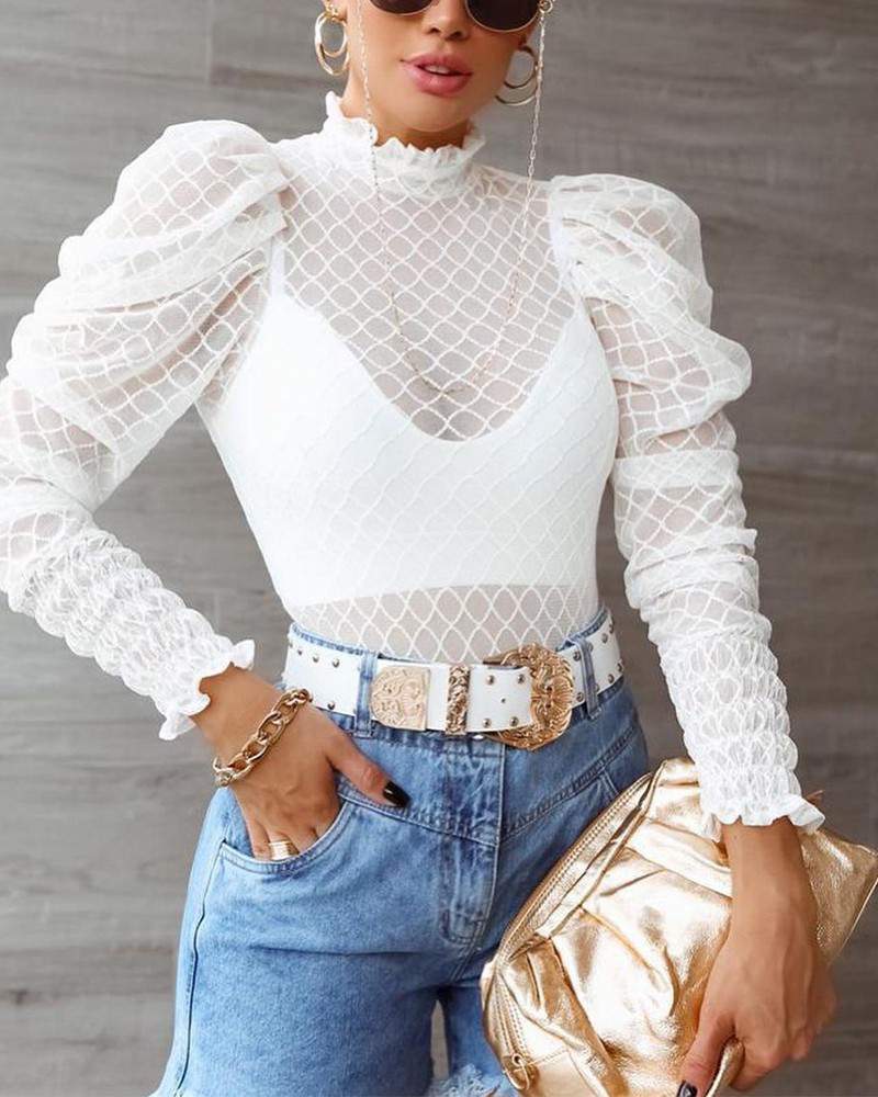 Fishnet Frill Hem Shirred Puff Sleeve Top