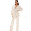 JUMPSUITS SEQUINS DEEP V NECK LONG SLEEVE PANTS PANTS