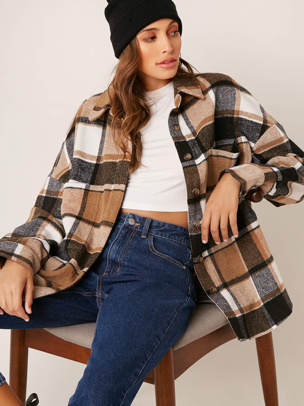 DROP SHOULDERPLAID BLOUSE SHACKET