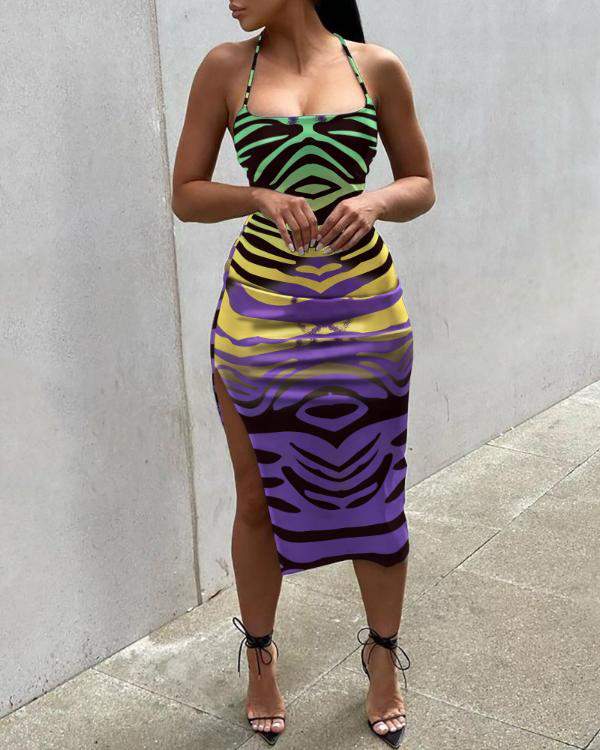 NEW Leopard Print Cisscross Backless High Slit Party Dress