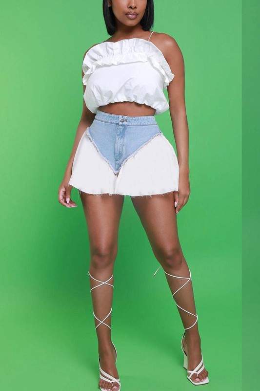 RUFFLE MIXED DENIM SHORTS