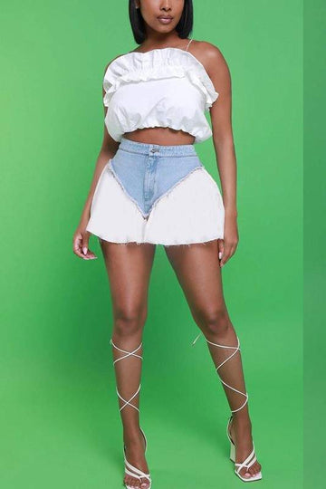 RUFFLE MIXED DENIM SHORTS
