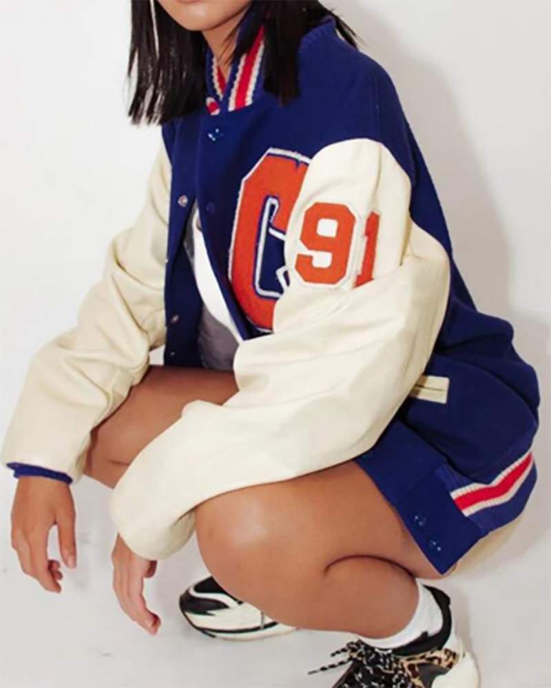 NEW Letter Print Colorblock Buttoned Baseball Jacket