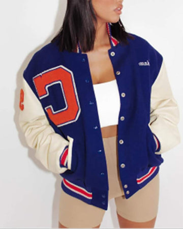 NEW Letter Print Colorblock Buttoned Baseball Jacket