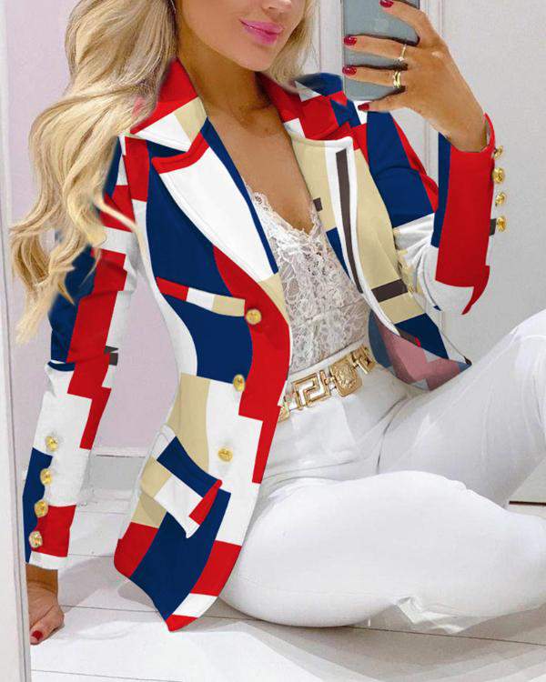 Lapel Collar Double Breasted Pocket Blazer Floral Print Tailored Pants Set