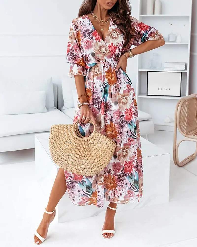 FLORAL PRINT PUFF SLEEVE SPLIT HEM WRAP DRESS