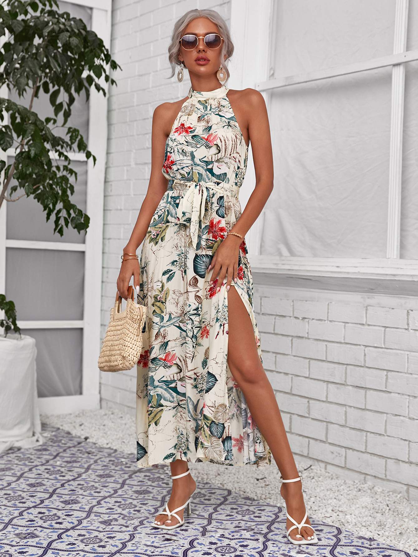 Casual Floral Halter Neck Dress for Ladies