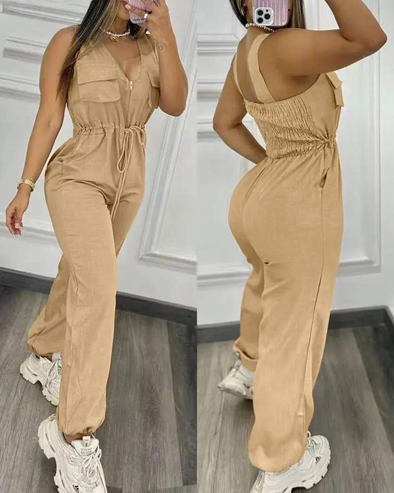 ZIPPER DESIGN SHIRRED DRAWSTRING JUMPSUIT