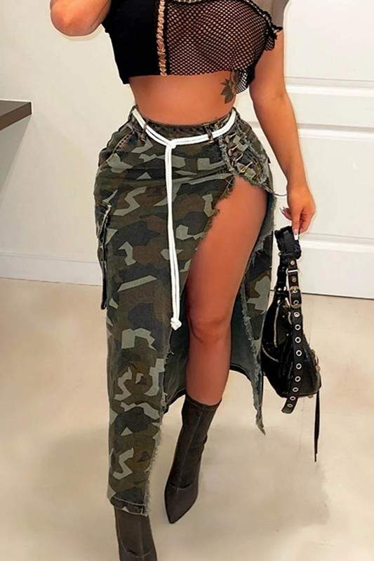CAMO DESIGN LONG SPLIT SKIRT