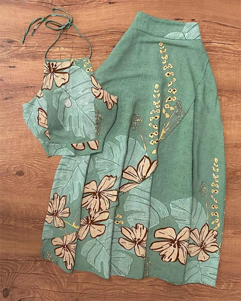 PALM LEAF FLORAL PRINT BACKLESS TOP SLIT SKIRT SET