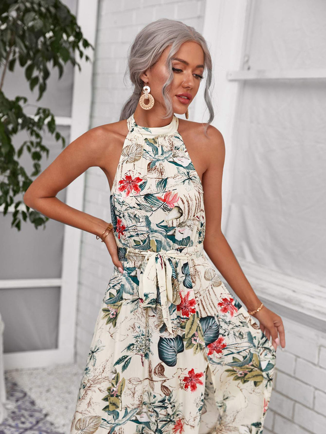 Casual Floral Halter Neck Dress for Ladies