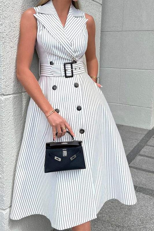 COLLARED STRIPED MIDI DRESS