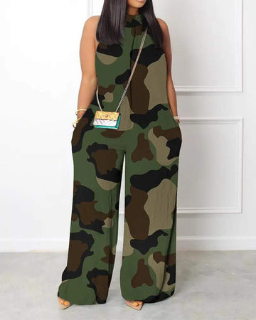 CAMOUFLAGE PRINT SLEEVELESS WIDE LEG JUMPSUIT
