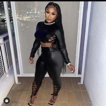 DROP SHIPPING 1PCS WOMEN BLACK CROP TOP AND BANDAGE PU PANTS 2 PIECE LEATHER PANTS SET FOR LADY