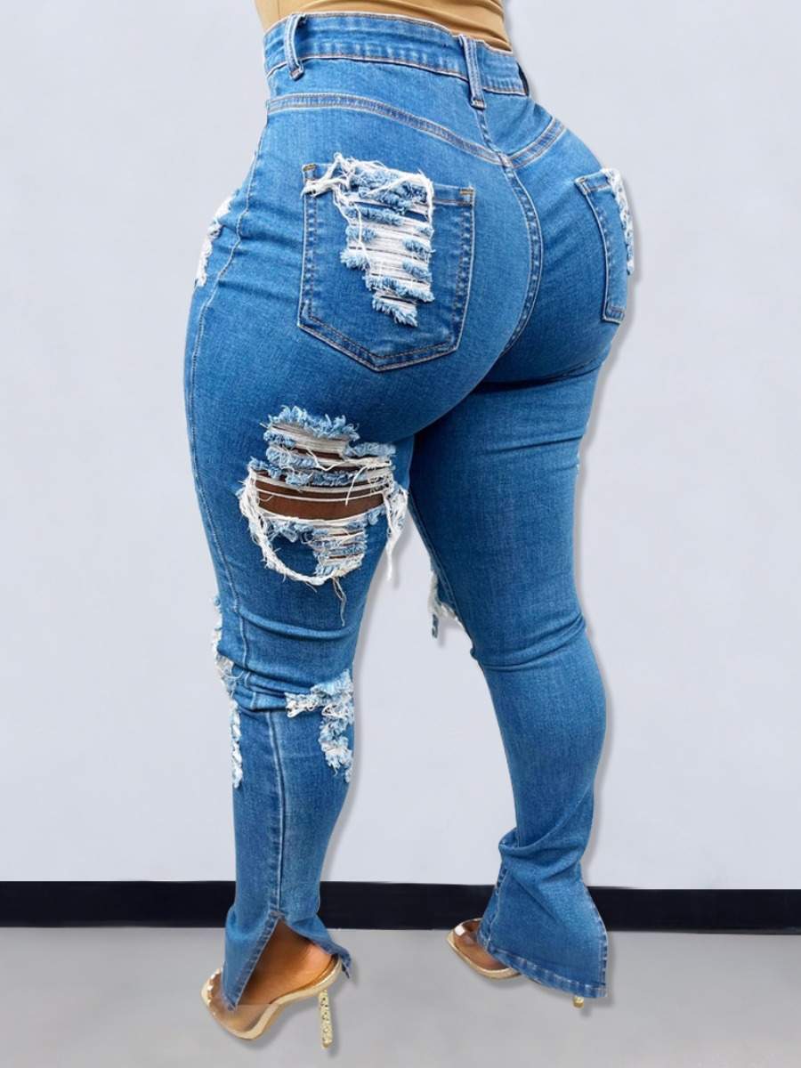 Stylish High-Waisted Jeans, Ripped Distressed Design