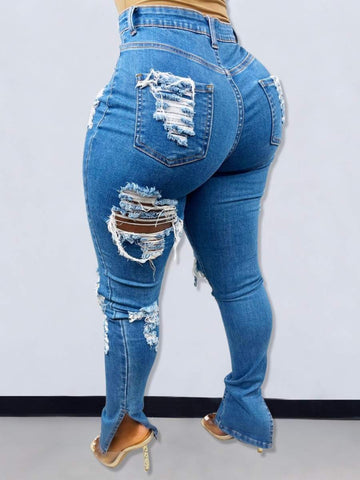 Stylish High-Waisted Jeans, Ripped Distressed Design