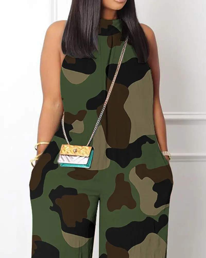 CAMOUFLAGE PRINT SLEEVELESS WIDE LEG JUMPSUIT