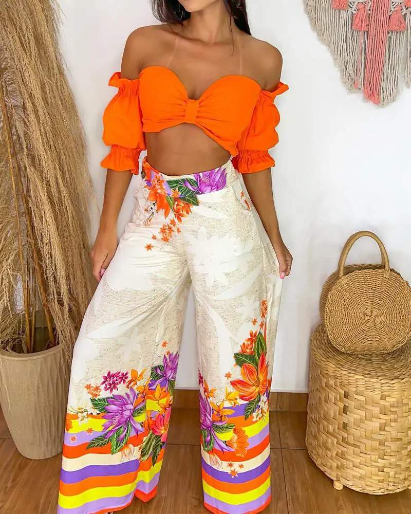 OFF SHOULDER CROP TOP STRIPED FLORAL PRINT PANTS SET