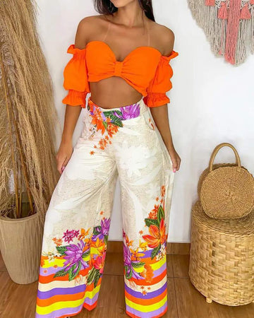 OFF SHOULDER CROP TOP STRIPED FLORAL PRINT PANTS SET