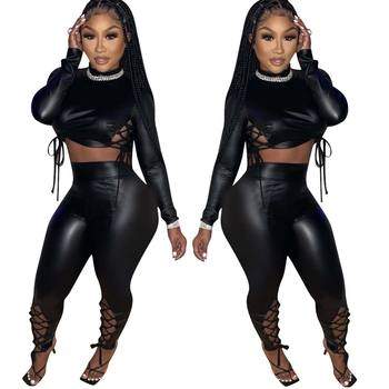 DROP SHIPPING 1PCS WOMEN BLACK CROP TOP AND BANDAGE PU PANTS 2 PIECE LEATHER PANTS SET FOR LADY